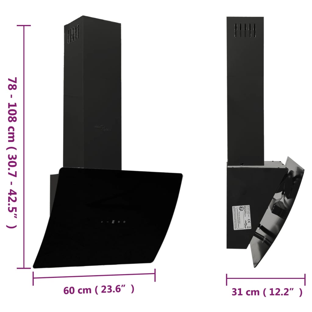 Köksfläkt 60 cm stål och härdat glas svart