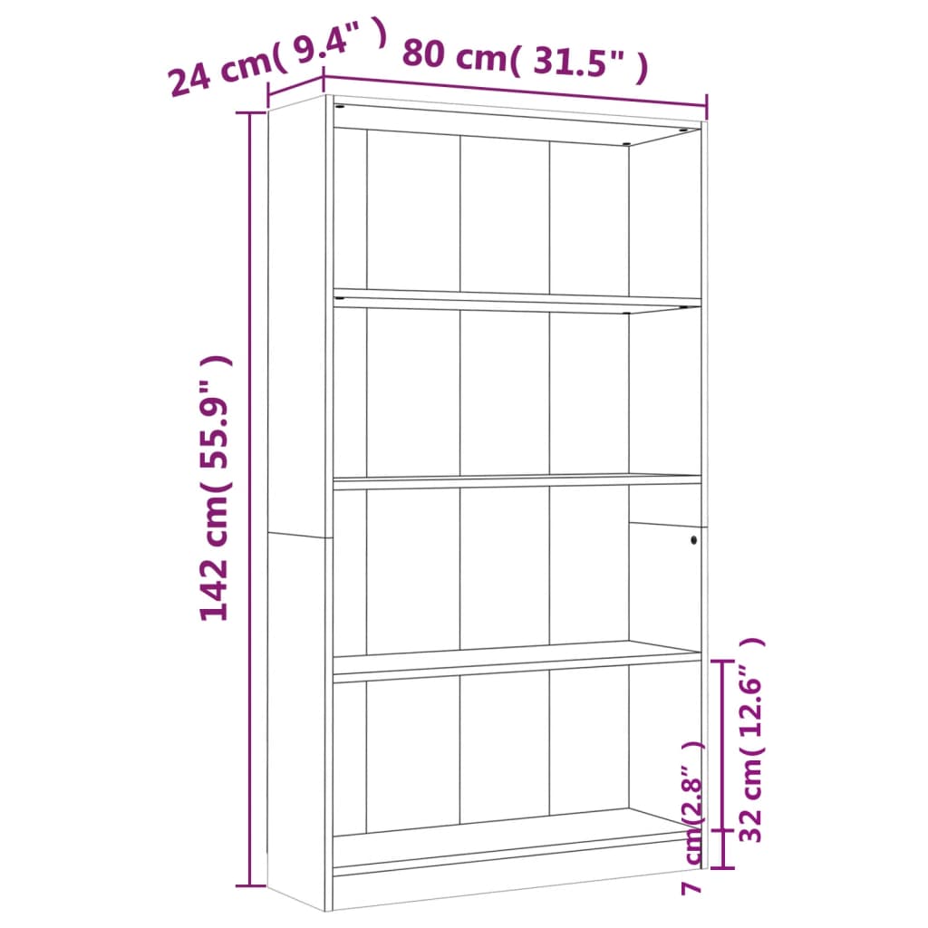 Bokhylla 4 hyllor rökfärgad Brun ek 80x24x142cm konstruerat trä