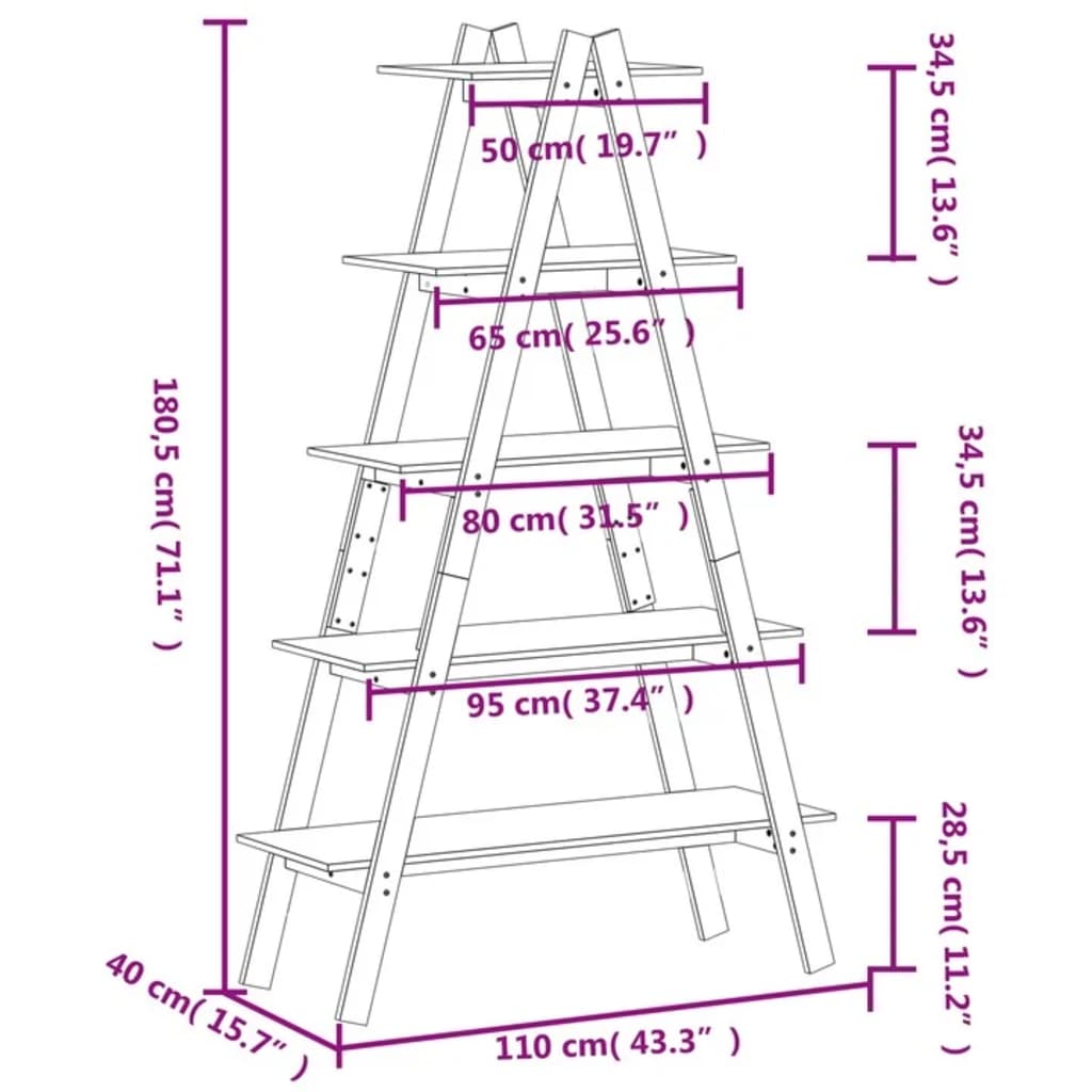 Hylla A-formad 5 hyllor 110x40x180,5 cm massiv furu